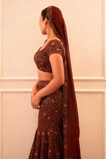 Shahmeen Husain_Brown Georgette Sequins, Chikankari Sweetheart Neck Lehenga Set _Online_at_Aza_Fashions
