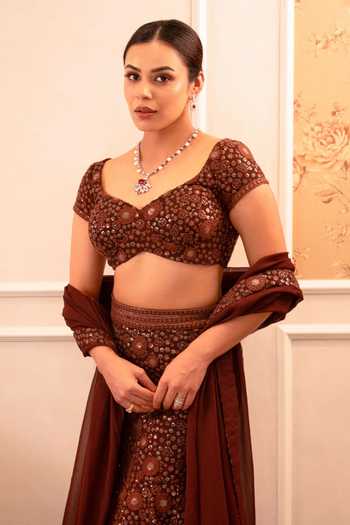 Shahmeen Husain_Brown Georgette Sequins, Chikankari Sweetheart Neck Lehenga Set _at_Aza_Fashions