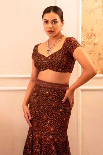 Shop_Shahmeen Husain_Brown Georgette Sequins, Chikankari Sweetheart Neck Lehenga Set 