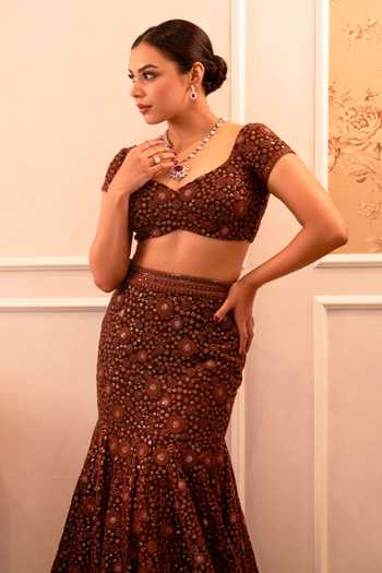 Shahmeen Husain_Brown Georgette Sequins, Chikankari Sweetheart Neck Lehenga Set _Online