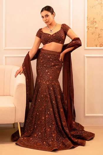 Buy_Shahmeen Husain_Brown Georgette Sequins, Chikankari Sweetheart Neck Lehenga Set _at_Aza_Fashions