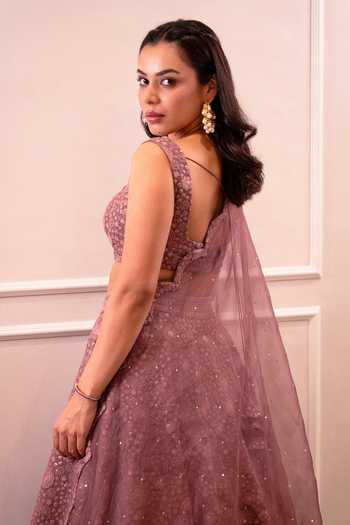 Shahmeen Husain_Mauve Georgette Embroidery, Sequins Square Neck Floral Lehenga Set _Online_at_Aza_Fashions