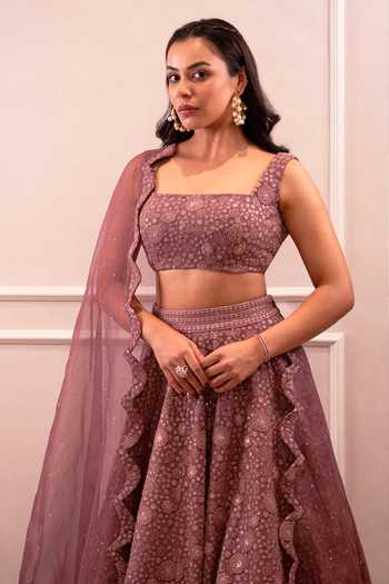 Shop_Shahmeen Husain_Mauve Georgette Embroidery, Sequins Square Neck Floral Lehenga Set _Online_at_Aza_Fashions