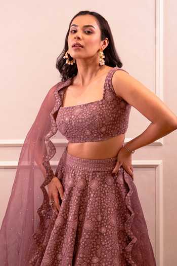 Shahmeen Husain_Mauve Georgette Embroidery, Sequins Square Neck Floral Lehenga Set _at_Aza_Fashions