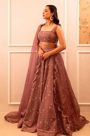 Buy_Shahmeen Husain_Mauve Georgette Embroidery, Sequins Square Neck Floral Lehenga Set _at_Aza_Fashions