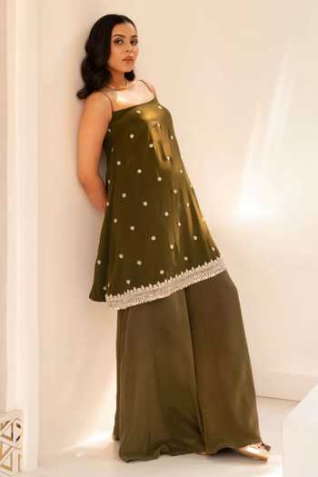 Shop_Shahmeen Husain_Olive Green Georgette, Crepe Bandeau Neck Butti Embroidered Kurta And Palazzo Set _at_Aza_Fashions
