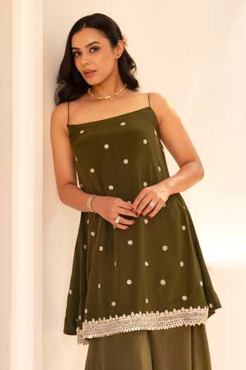 Buy_Shahmeen Husain_Olive Green Georgette, Crepe Bandeau Neck Butti Embroidered Kurta And Palazzo Set _Online_at_Aza_Fashions