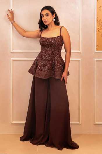 Buy_Shahmeen Husain_Brown Georgette Embroidery, Sequins Square Tonal Peplum Kurta And Palazzo Set _at_Aza_Fashions