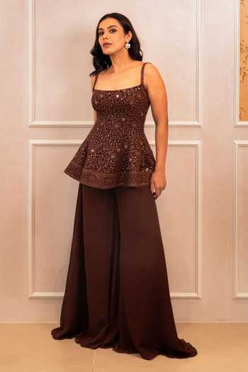 Shahmeen Husain_Brown Georgette Embroidery, Sequins Square Tonal Peplum Kurta And Palazzo Set _Online_at_Aza_Fashions