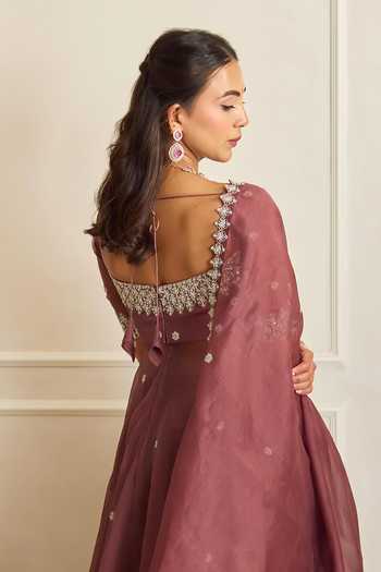 Shop_Shahmeen Husain_Mauve Organza Embroidery Square Neck Zardozi Anarkali Skirt Set _at_Aza_Fashions