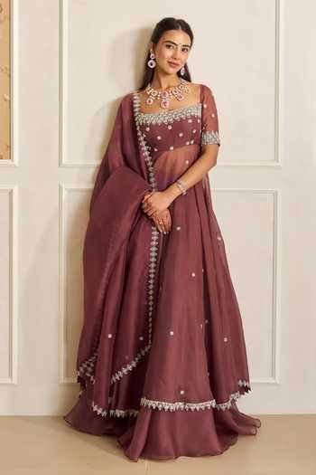 Shahmeen Husain_Mauve Organza Embroidery Square Neck Zardozi Anarkali Skirt Set _Online_at_Aza_Fashions