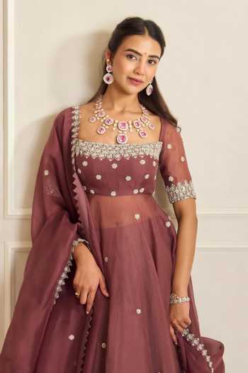 Shop_Shahmeen Husain_Mauve Organza Embroidery Square Neck Zardozi Anarkali Skirt Set _Online_at_Aza_Fashions