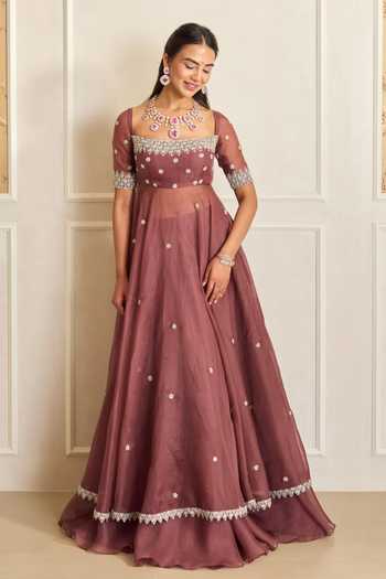 Shop_Shahmeen Husain_Mauve Organza Embroidery Square Neck Zardozi Anarkali And Skirt Set _at_Aza_Fashions