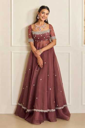 Buy_Shahmeen Husain_Mauve Organza Embroidery Square Neck Zardozi Anarkali And Skirt Set _at_Aza_Fashions