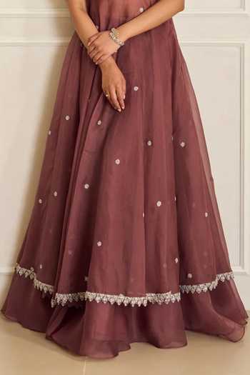 Shahmeen Husain_Mauve Organza Embroidery Square Neck Zardozi Anarkali And Skirt Set _Online_at_Aza_Fashions