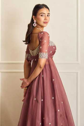 Buy_Shahmeen Husain_Mauve Organza Embroidery Square Neck Zardozi Anarkali And Skirt Set _Online_at_Aza_Fashions