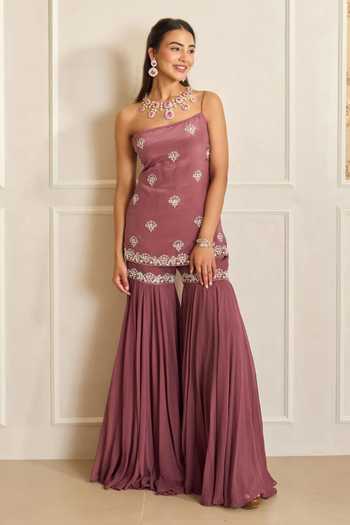 Shahmeen Husain_Purple Organza, Georgette Embroidery One Shoulder Zardozi Kurta Sharara Set _Online_at_Aza_Fashions
