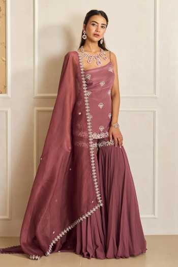 Buy_Shahmeen Husain_Purple Organza, Georgette Embroidery One Shoulder Zardozi Kurta Sharara Set _at_Aza_Fashions