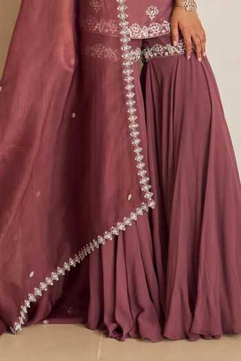 Buy_Shahmeen Husain_Purple Organza, Georgette Embroidery One Shoulder Zardozi Kurta Sharara Set _Online_at_Aza_Fashions