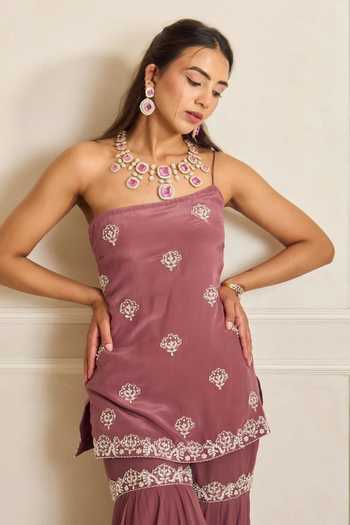 Shop_Shahmeen Husain_Purple Organza, Georgette Embroidery One Shoulder Zardozi Kurta Sharara Set _Online_at_Aza_Fashions