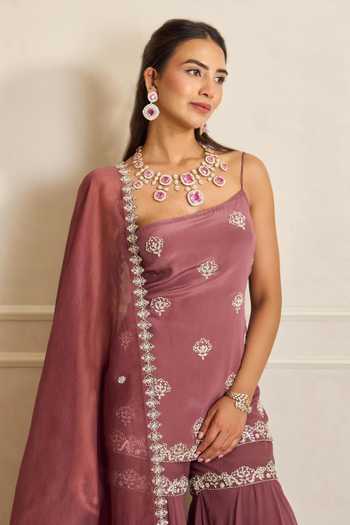 Shahmeen Husain_Purple Organza, Georgette Embroidery One Shoulder Zardozi Kurta Sharara Set _at_Aza_Fashions