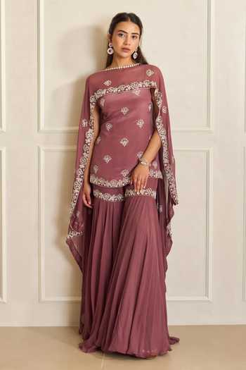 Buy_Shahmeen Husain_Mauve Organza, Georgette Embroidery One Shoulder Zardozi Cape And Sharara Set _at_Aza_Fashions