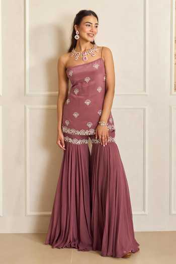 Shahmeen Husain_Mauve Organza, Georgette Embroidery One Shoulder Zardozi Cape And Sharara Set _Online_at_Aza_Fashions