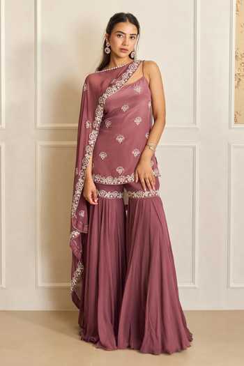 Buy_Shahmeen Husain_Mauve Organza, Georgette Embroidery One Shoulder Zardozi Cape And Sharara Set _Online_at_Aza_Fashions