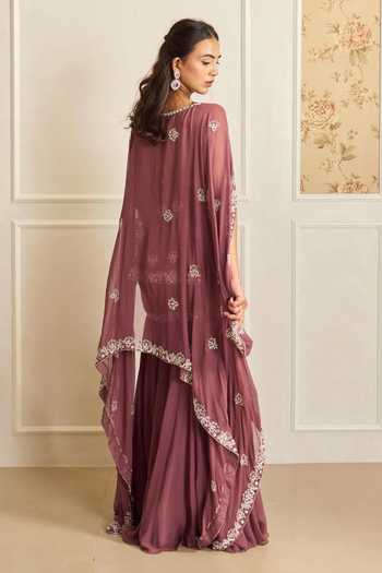Shop_Shahmeen Husain_Mauve Organza, Georgette Embroidery One Shoulder Zardozi Cape And Sharara Set _at_Aza_Fashions