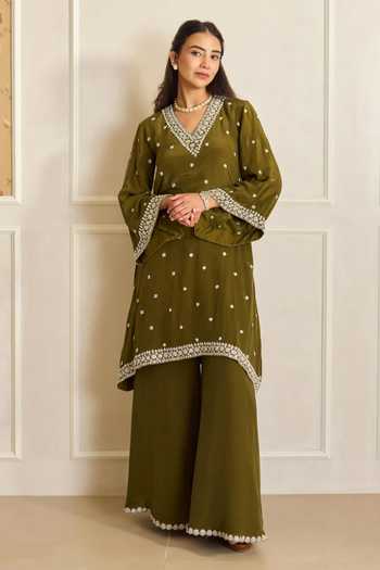 Buy_Shahmeen Husain_Olive Green Crepe Zardozi V-neck, Yes Embroidered Kurta And Palazzo Set _at_Aza_Fashions