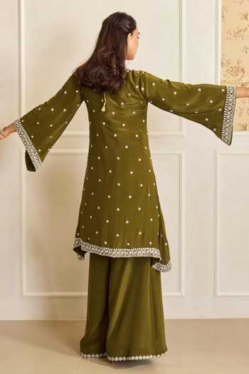 Shop_Shahmeen Husain_Olive Green Crepe Zardozi V-neck, Yes Embroidered Kurta And Palazzo Set _at_Aza_Fashions