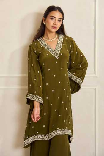 Buy_Shahmeen Husain_Olive Green Crepe Zardozi V-neck, Yes Embroidered Kurta And Palazzo Set _Online_at_Aza_Fashions