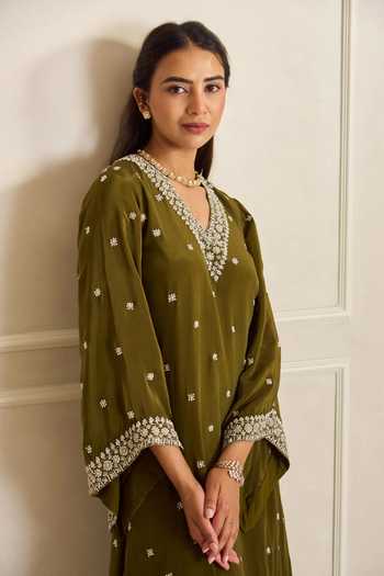 Shop_Shahmeen Husain_Olive Green Crepe Zardozi V-neck, Yes Embroidered Kurta And Palazzo Set _Online_at_Aza_Fashions