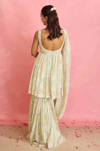 Shop_Shahmeen Husain_Ivory Silk Sequins Scoop Neck Printed Peplum Kurta Gharara Set _at_Aza_Fashions