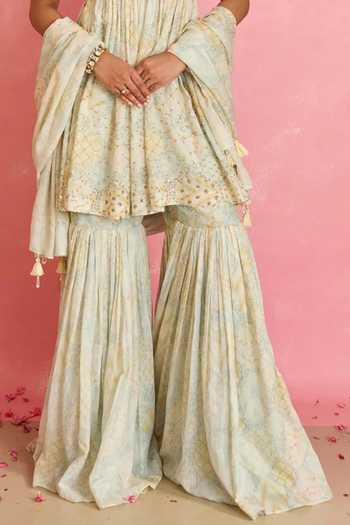 Shahmeen Husain_Ivory Silk Sequins Scoop Neck Printed Peplum Kurta Gharara Set _Online_at_Aza_Fashions