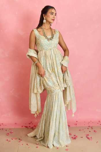 Buy_Shahmeen Husain_Ivory Silk Sequins Scoop Neck Printed Peplum Kurta Gharara Set _Online_at_Aza_Fashions
