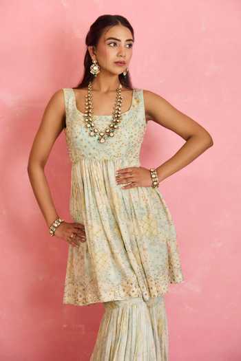 Shop_Shahmeen Husain_Ivory Silk Sequins Scoop Neck Printed Peplum Kurta Gharara Set _Online_at_Aza_Fashions