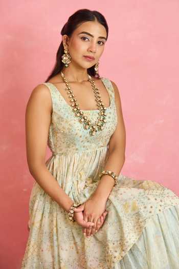Shahmeen Husain_Ivory Silk Sequins Scoop Neck Printed Peplum Kurta Gharara Set _at_Aza_Fashions