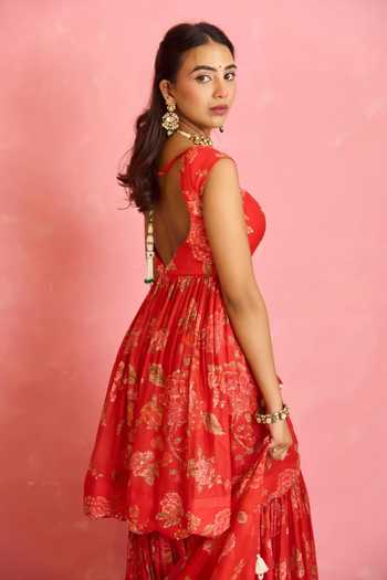 Shop_Shahmeen Husain_Red Silk Sequins, Tassels Sweetheart Neck Floral Print Peplum Kurta Sharara Set _at_Aza_Fashions
