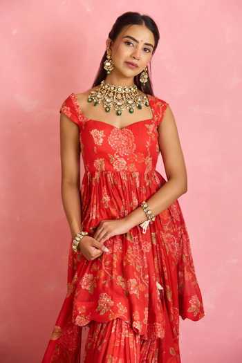 Buy_Shahmeen Husain_Red Silk Sequins, Tassels Sweetheart Neck Floral Print Peplum Kurta Sharara Set _Online_at_Aza_Fashions