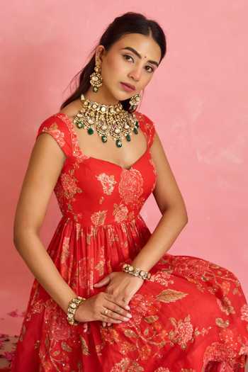 Shop_Shahmeen Husain_Red Silk Sequins, Tassels Sweetheart Neck Floral Print Peplum Kurta Sharara Set _Online_at_Aza_Fashions