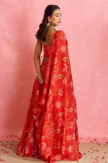 Shop_Shahmeen Husain_Red Silk Sequins Square Neck Floral Print Lehenga And Blouse Set _at_Aza_Fashions