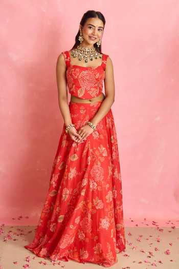 Shahmeen Husain_Red Silk Sequins Square Neck Floral Print Lehenga And Blouse Set _Online_at_Aza_Fashions