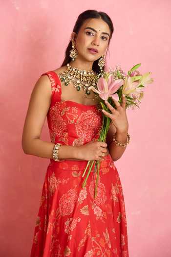 Buy_Shahmeen Husain_Red Silk Sequins Square Neck Floral Print Lehenga And Blouse Set _Online_at_Aza_Fashions