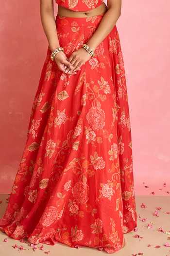 Shop_Shahmeen Husain_Red Silk Sequins Square Neck Floral Print Lehenga And Blouse Set _Online_at_Aza_Fashions