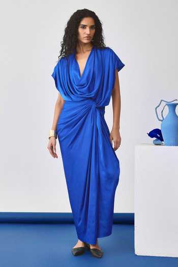 Buy_Echostudio_Blue Satin Cowl Neck Ripple Draped Dress _at_Aza_Fashions