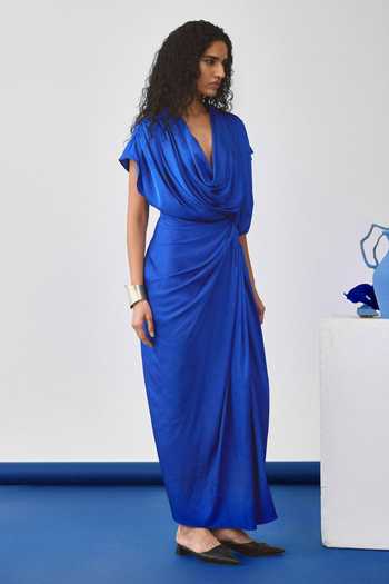 Shop_Echostudio_Blue Satin Cowl Neck Ripple Draped Dress _at_Aza_Fashions
