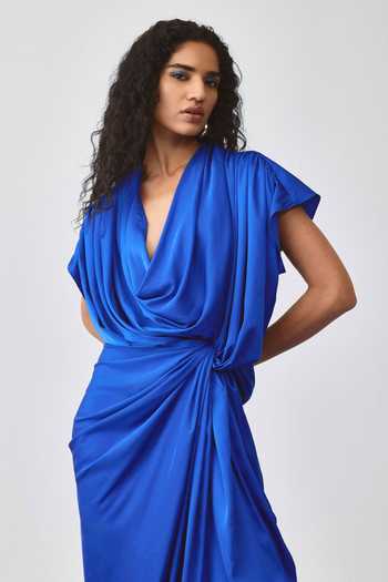 Echostudio_Blue Satin Cowl Neck Ripple Draped Dress _Online_at_Aza_Fashions