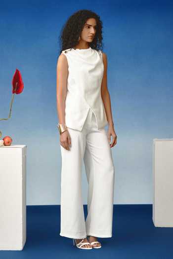 Echostudio_White Crepe Asymmetric Blazer And Pant Set _Online_at_Aza_Fashions