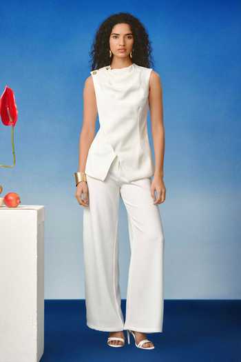 Buy_Echostudio_White Crepe Asymmetric Blazer And Pant Set _at_Aza_Fashions